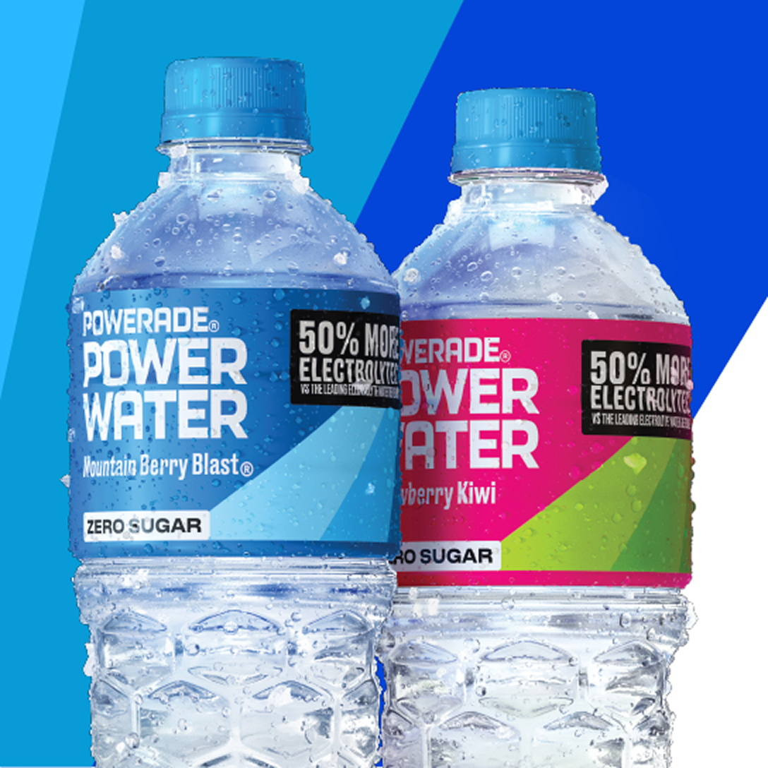 two powerade power water bottles on blue background