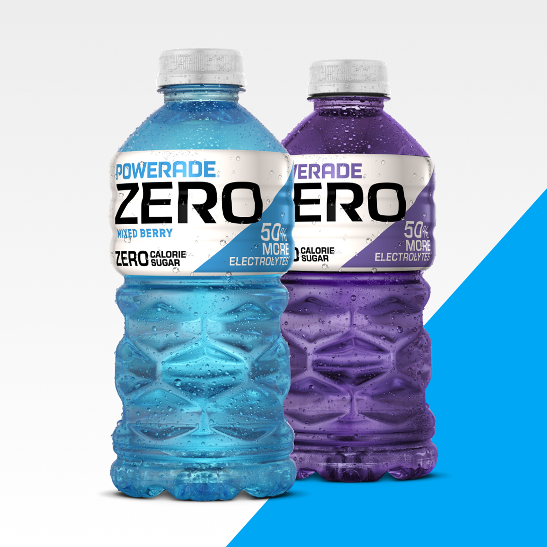 two bottles of powerade zero on white and blue background