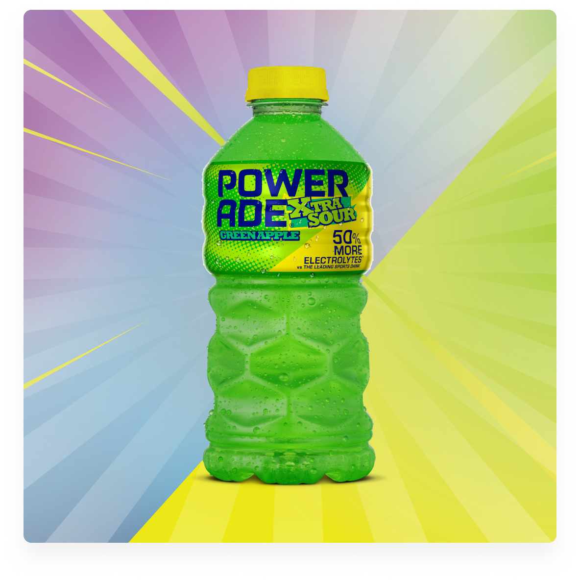 A bottle of Powerade XTRA Sour Green Apple on a multi-colored background