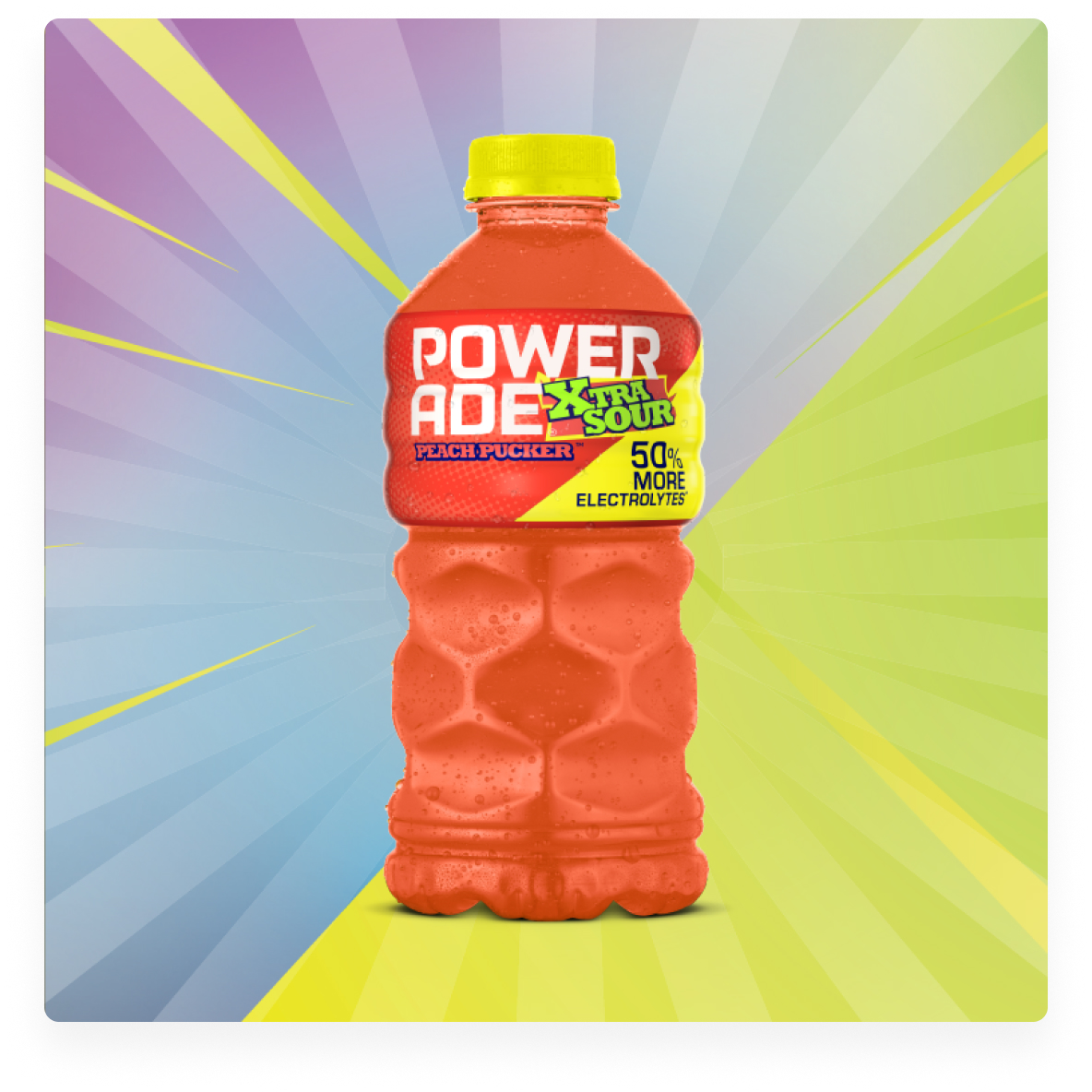 A bottle of Powerade XTRA Sour Peach Pucker on a multi-colored background